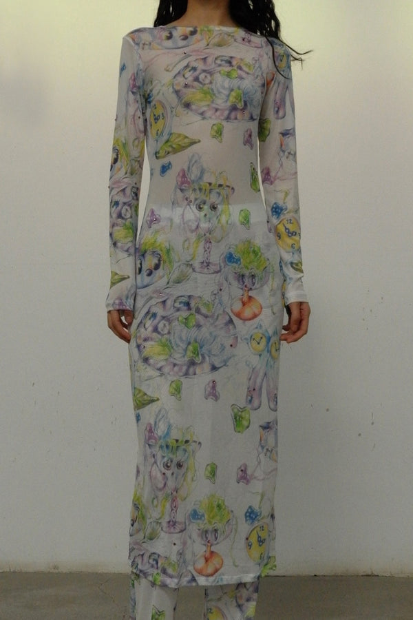 CONSTANÇA ENTRUDO thread cocktail party printed mesh long skirt AW23_DRE04